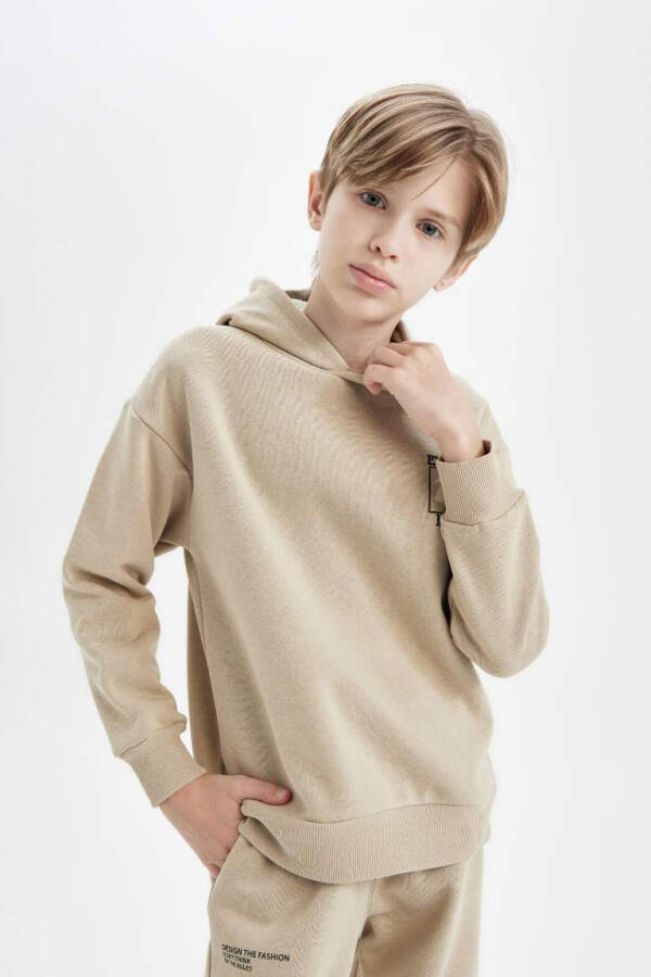 Boys' Oversized Loose Fit Back Print Hoodie Beige - 4