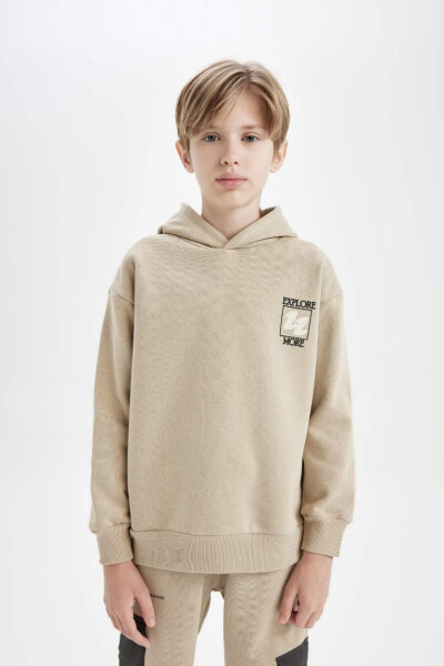 Boys' Oversized Loose Fit Back Print Hoodie Beige - 5