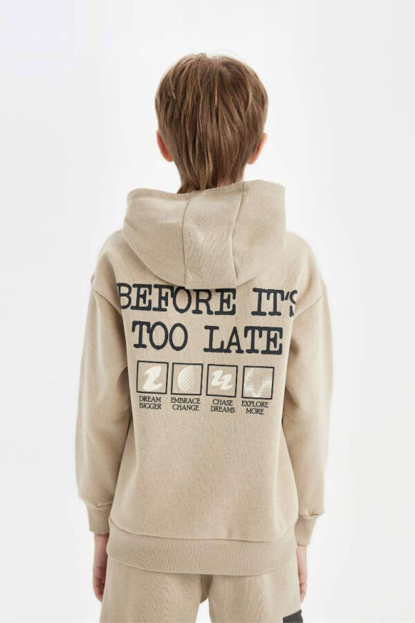 Boys' Oversized Loose Fit Back Print Hoodie Beige - 7