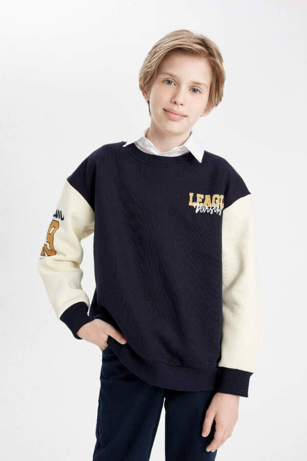 Boys' Oversized Loose Fit Crew Neck Printed Heavyweight Sweatshirt Navy - 1