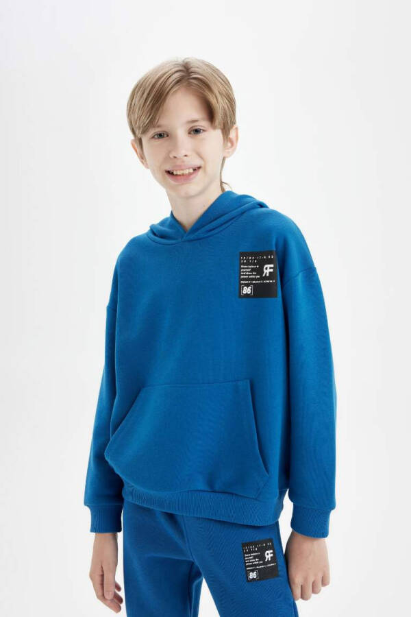 Boy's Oversized Loose Fit Hooded Pocket Warm School Sweatshirt Dark Blue - 1