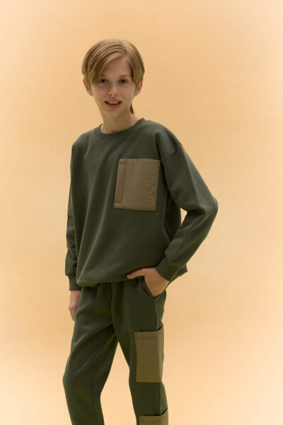 Boy's Oversized Loose-Fit Sweatshirt with Bike Collar Light Khaki - 1