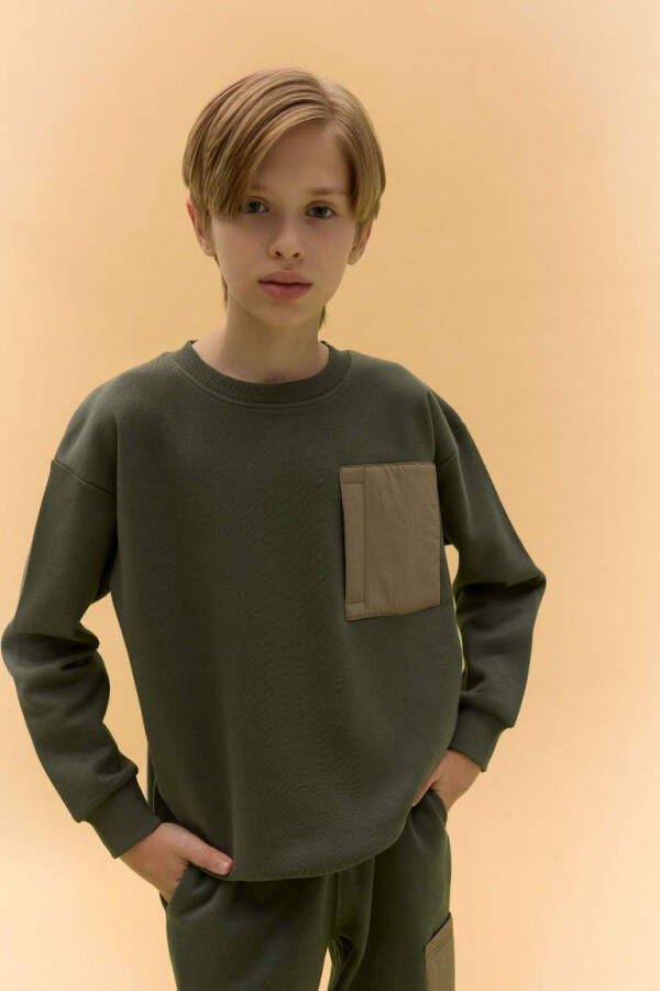 Boy's Oversized Loose-Fit Sweatshirt with Bike Collar Light Khaki - 3