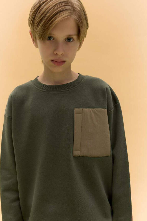 Boy's Oversized Loose-Fit Sweatshirt with Bike Collar Light Khaki - 4