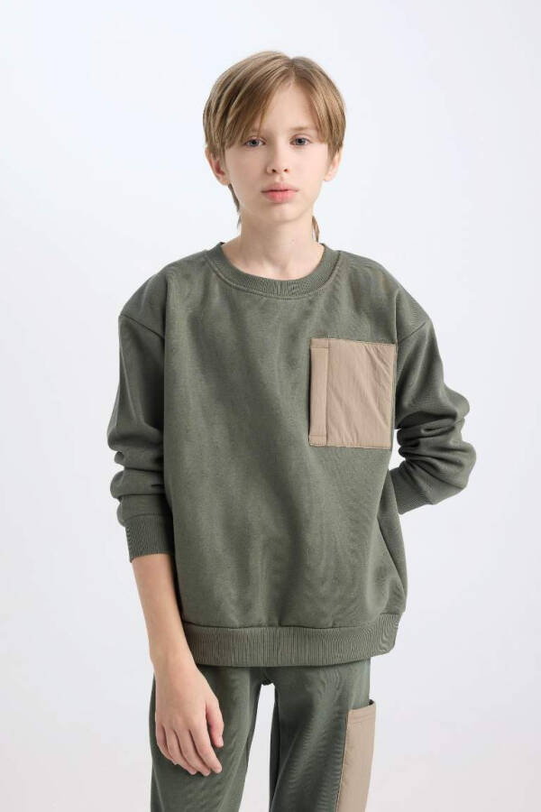 Boy's Oversized Loose-Fit Sweatshirt with Bike Collar Light Khaki - 5