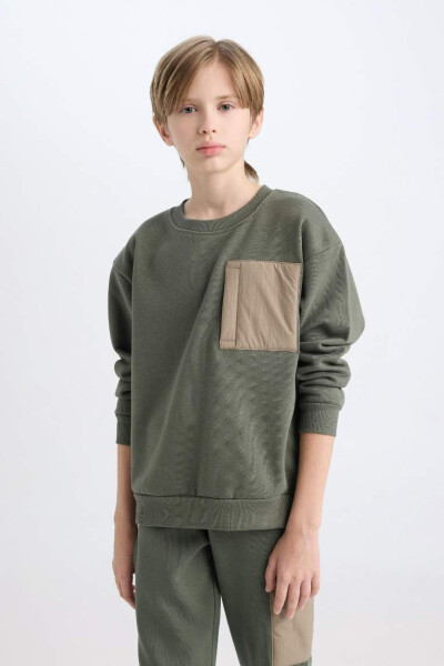 Boy's Oversized Loose-Fit Sweatshirt with Bike Collar Light Khaki - 7