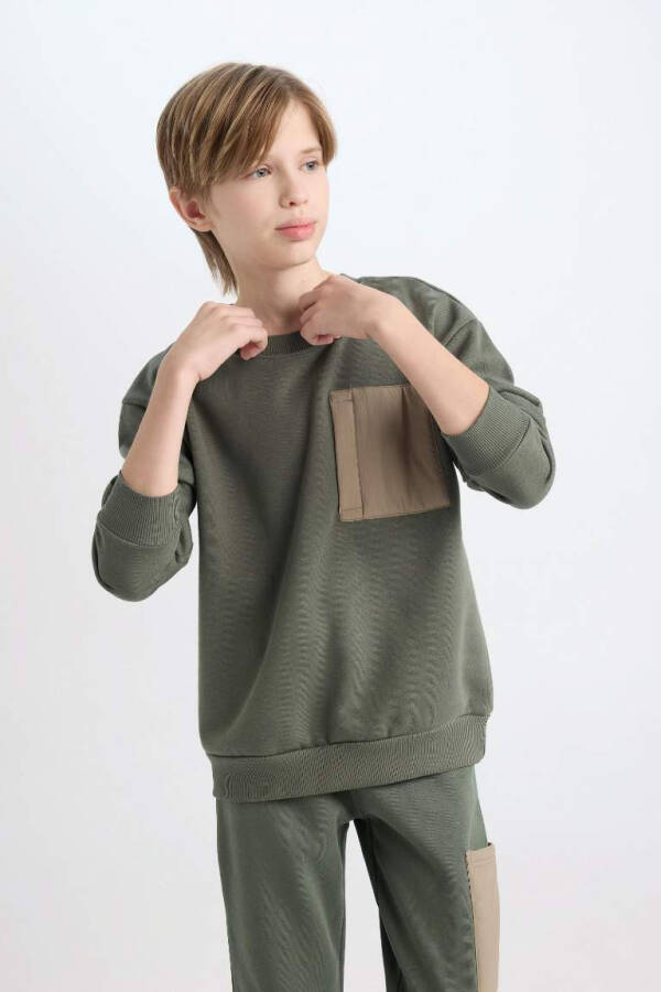 Boy's Oversized Loose-Fit Sweatshirt with Bike Collar Light Khaki - 8