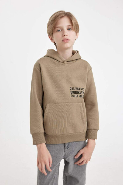 Boys' Pocketed Letter Print Thickened School Sweatshirt Hooded Oak Green - 7