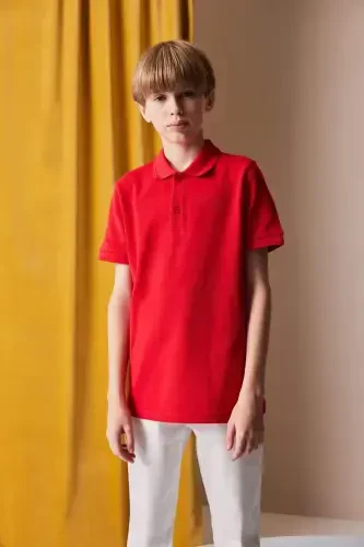 Boy's Polo Collar Basic Plain Pique Short Sleeve Red T-Shirt-Red - 1