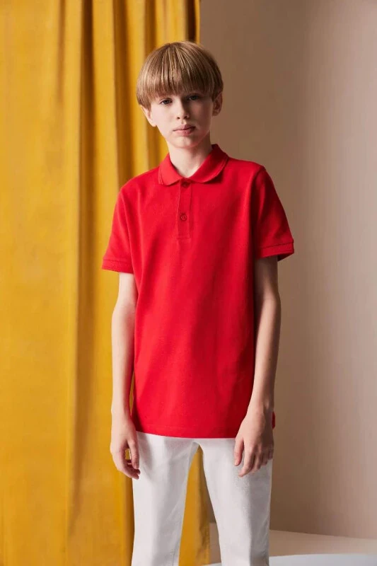 Boy's Polo Collar Basic Plain Pique Short Sleeve Red T-Shirt-Red - DEFACTO