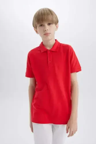 Boy's Polo Collar Basic Plain Pique Short Sleeve Red T-Shirt-Red - 7