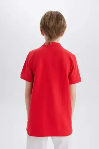 Boy's Polo Collar Basic Plain Pique Short Sleeve Red T-Shirt-Red - 9
