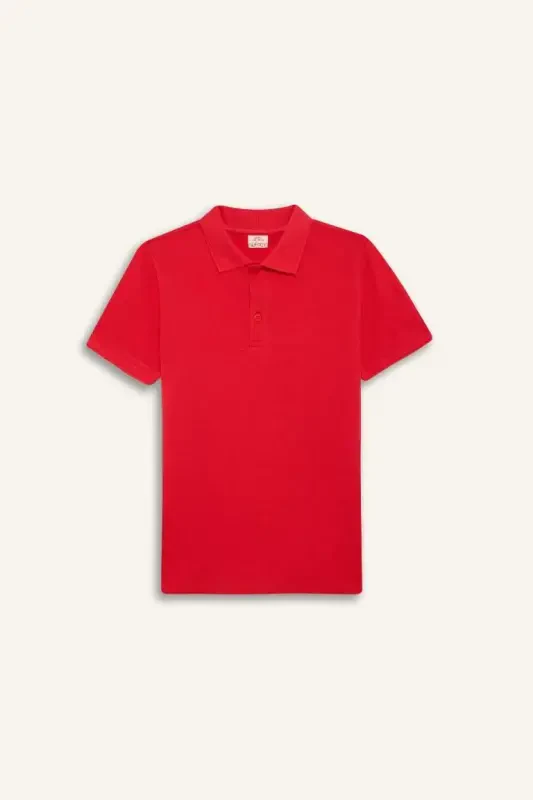 Boy's Polo Collar Basic Plain Pique Short Sleeve Red T-Shirt-Red - 10
