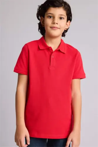 Boy's Polo Collar Basic Plain Pique Short Sleeve Red T-Shirt-Red - 1