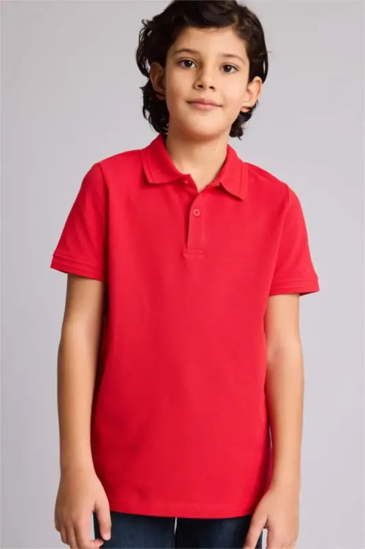 Boy's Polo Collar Basic Plain Pique Short Sleeve Red T-Shirt-Red - 1