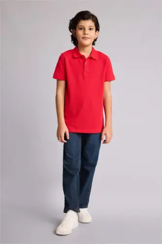 Boy's Polo Collar Basic Plain Pique Short Sleeve Red T-Shirt-Red - DEFACTO (1)