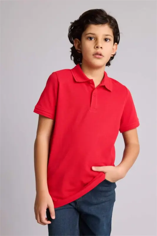 Boy's Polo Collar Basic Plain Pique Short Sleeve Red T-Shirt-Red - 3