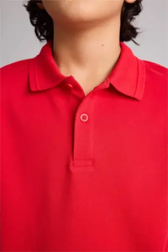 Boy's Polo Collar Basic Plain Pique Short Sleeve Red T-Shirt-Red - 4