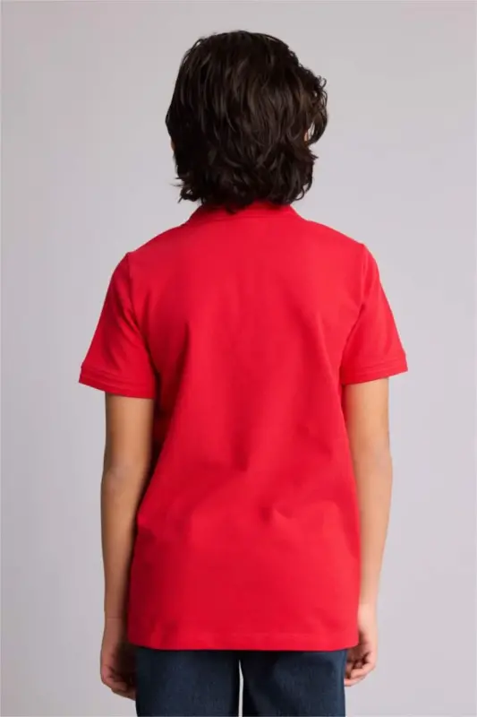 Boy's Polo Collar Basic Plain Pique Short Sleeve Red T-Shirt-Red - 5