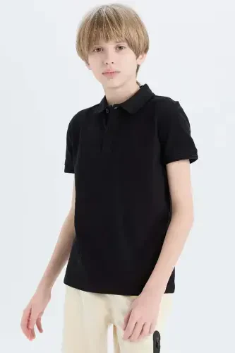 Boy's Polo Collar Basic Plain Pique Short Sleeve T-Shirt-Black - 1