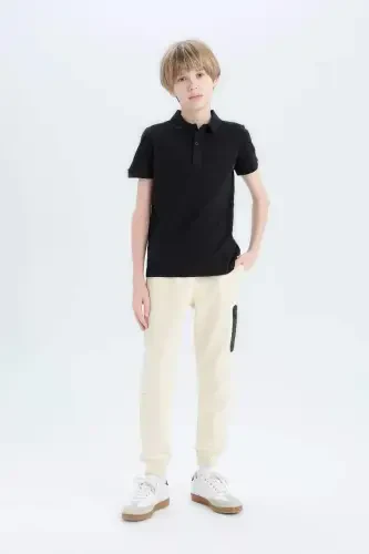 Boy's Polo Collar Basic Plain Pique Short Sleeve T-Shirt-Black - DEFACTO (1)