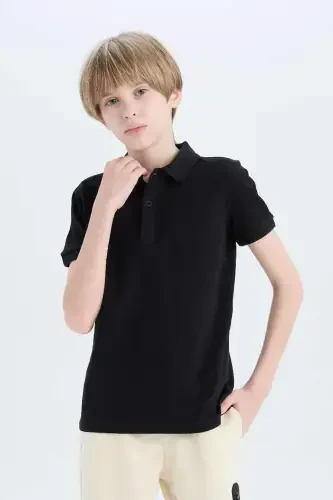 Boy's Polo Collar Basic Plain Pique Short Sleeve T-Shirt-Black - 3