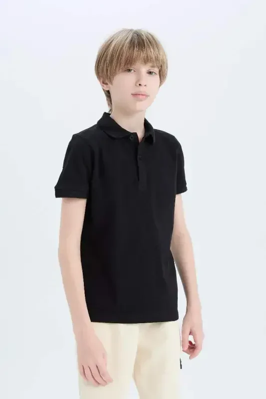 Boy's Polo Collar Basic Plain Pique Short Sleeve T-Shirt-Black - 4