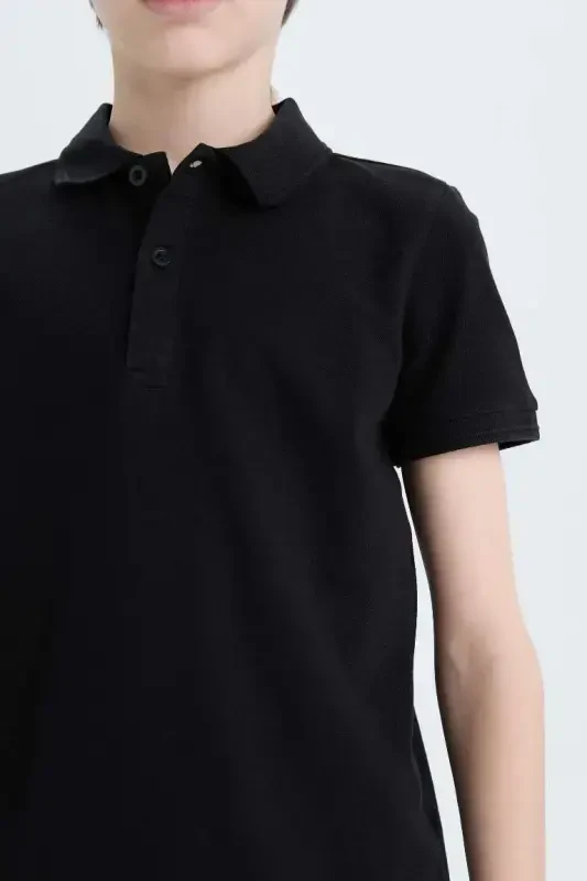 Boy's Polo Collar Basic Plain Pique Short Sleeve T-Shirt-Black - 5
