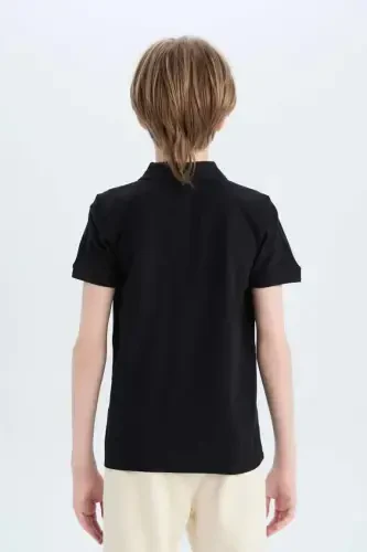 Boy's Polo Collar Basic Plain Pique Short Sleeve T-Shirt-Black - 6