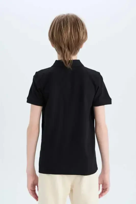 Boy's Polo Collar Basic Plain Pique Short Sleeve T-Shirt-Black - 6