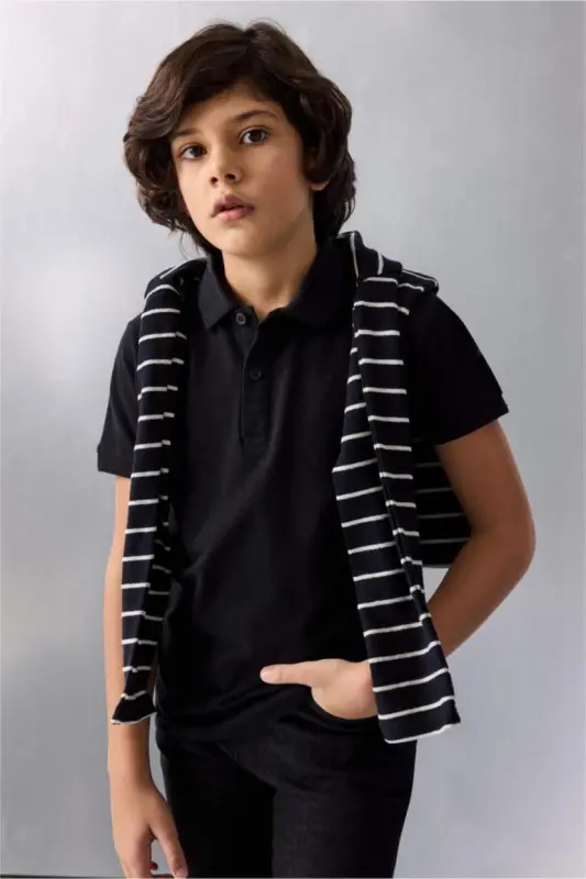 Boy's Polo Collar Basic Plain Pique Short Sleeve T-Shirt-Black - 1