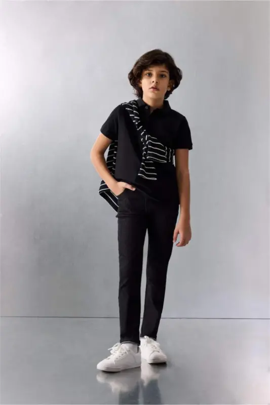 Boy's Polo Collar Basic Plain Pique Short Sleeve T-Shirt-Black - 2