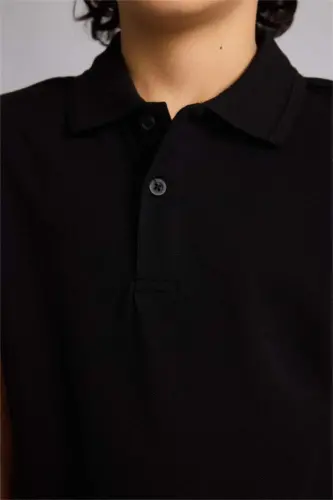 Boy's Polo Collar Basic Plain Pique Short Sleeve T-Shirt-Black - 4