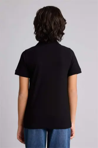 Boy's Polo Collar Basic Plain Pique Short Sleeve T-Shirt-Black - 5