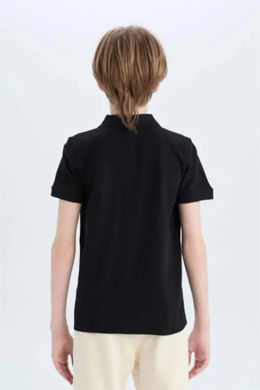 Boy's Polo Collar Basic Plain Pique Short Sleeve T-Shirt-Black - 6