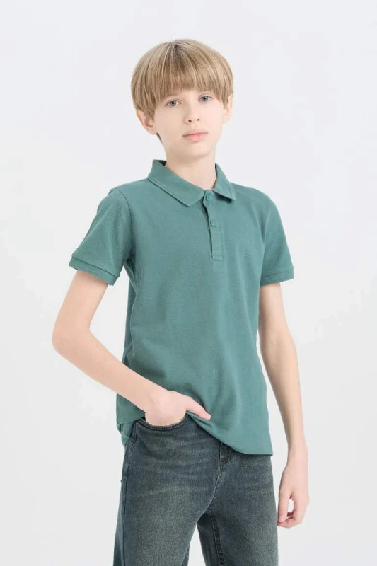 Boy's Polo Collar Basic Plain Pique Short Sleeve T-Shirt-Green - 1