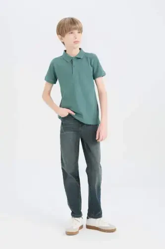 Boy's Polo Collar Basic Plain Pique Short Sleeve T-Shirt-Green - DEFACTO (1)