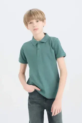 Boy's Polo Collar Basic Plain Pique Short Sleeve T-Shirt-Green - 3