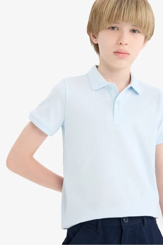 Boy's Polo Collar Basic Plain Pique T-Shirt-Light Blue - 1