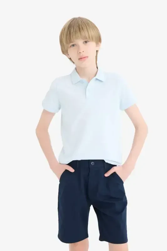 Boy's Polo Collar Basic Plain Pique T-Shirt-Light Blue - 3