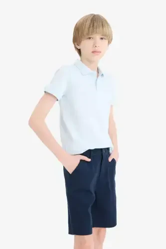 Boy's Polo Collar Basic Plain Pique T-Shirt-Light Blue - 4