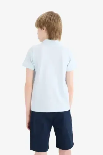 Boy's Polo Collar Basic Plain Pique T-Shirt-Light Blue - 6