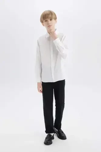 Boy's Polo Collar Linen Look Long Sleeve Basic Plain Shirt-White - 4