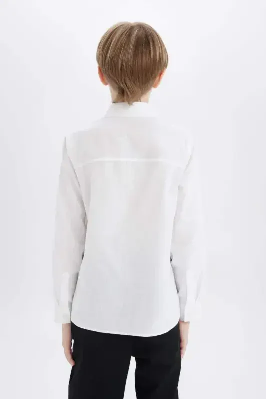 Boy's Polo Collar Linen Look Long Sleeve Basic Plain Shirt-White - 5