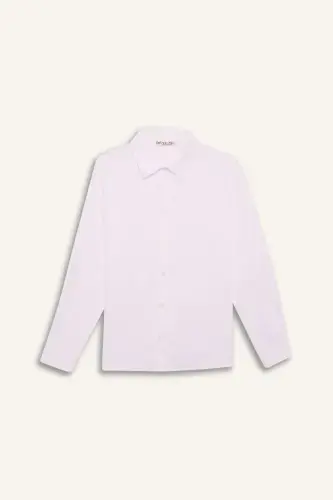 Boy's Polo Collar Linen Look Long Sleeve Basic Plain Shirt-White - 6