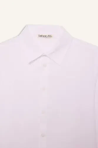 Boy's Polo Collar Linen Look Long Sleeve Basic Plain Shirt-White - 7
