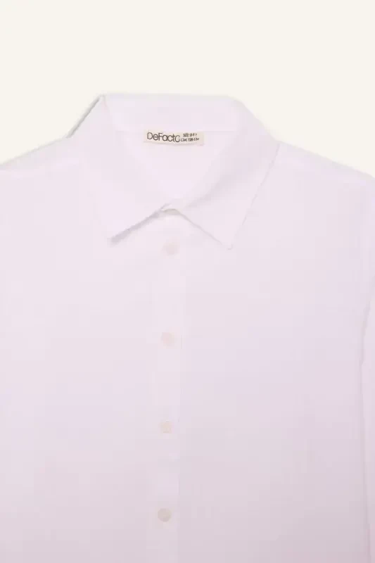 Boy's Polo Collar Linen Look Long Sleeve Basic Plain Shirt-White - 7