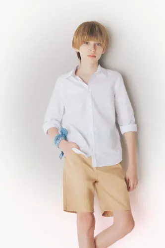 Boy's Polo Collar Linen Look Long Sleeve Basic Plain Shirt-White - 1