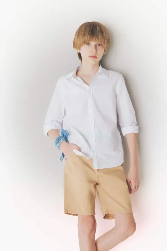 Boy's Polo Collar Linen Look Long Sleeve Basic Plain Shirt-White - 1