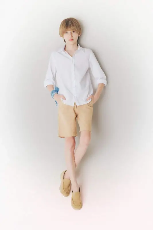 Boy's Polo Collar Linen Look Long Sleeve Basic Plain Shirt-White - 2